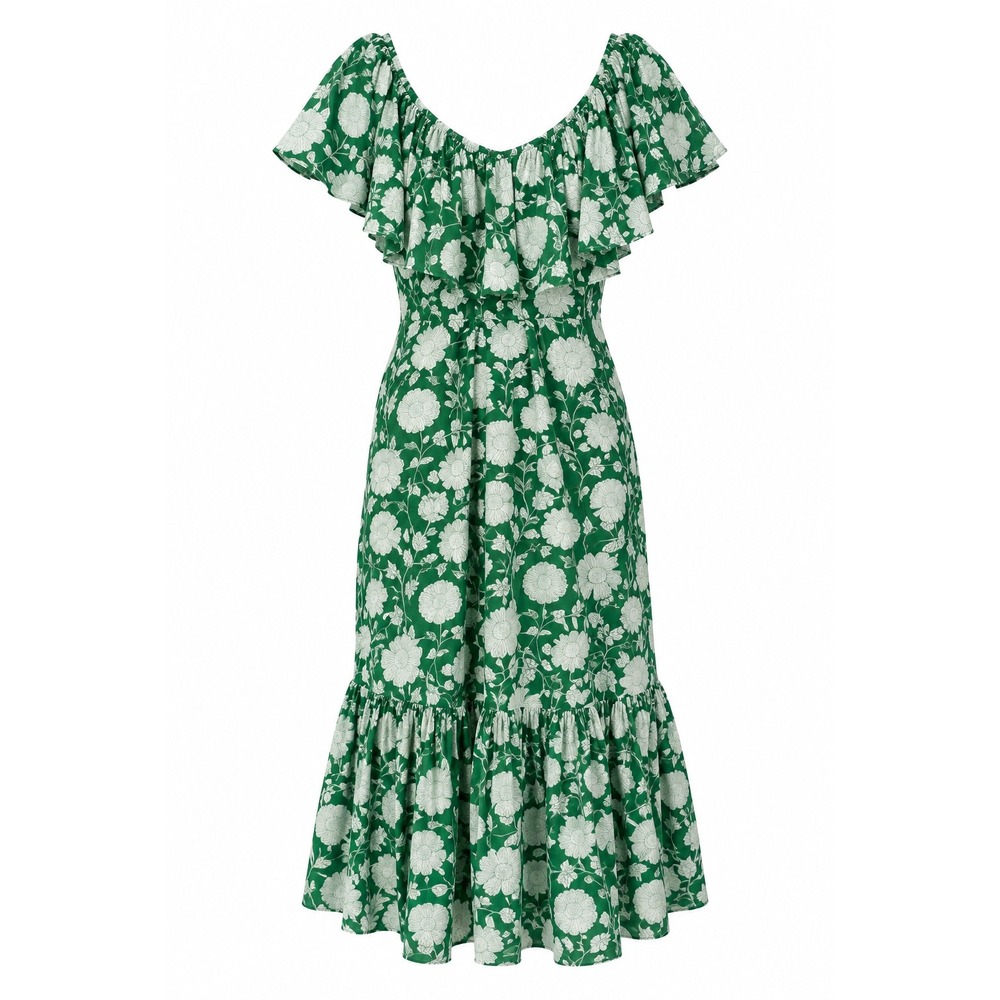 Mille Block Print Midi Dress Green White Floral Ruffle Tiered V-Neck Cotton XXS